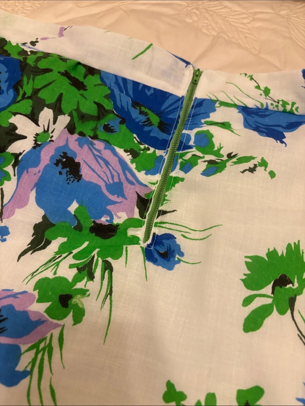 Floral A-Line Skirt in White with Blue and Green Print